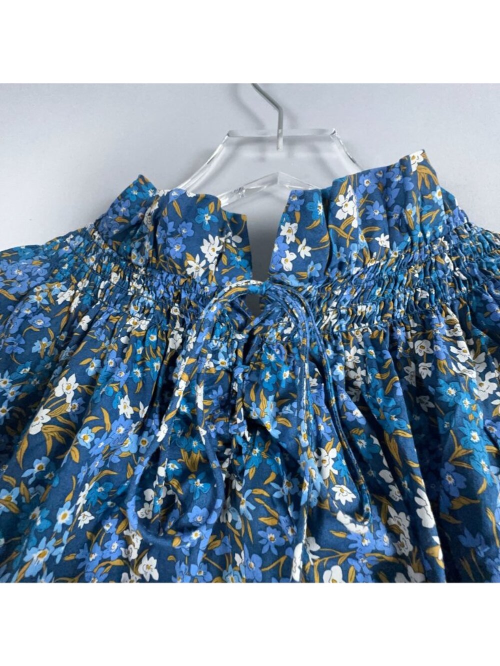 J. Crew Dress Size Large Blue Maxi Floral Print 100% Cotton Smocked Puff Sleeve - Picture 5 of 11